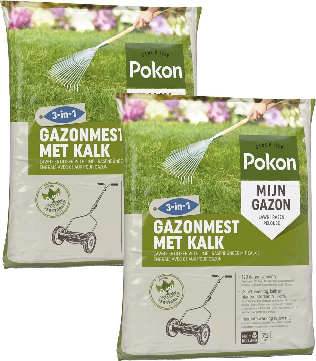 Pokon Gazonmest Met Kalk - 2 X 5kg - Mest - Geschikt Voor 2 X 75m² - 120 Dagen Voeding - Voordeelverpakking 1 Pokon Gazonmest Met Kalk - 2 X 5kg - Mest - Geschikt Voor 2 X 75m² - 120 Dagen Voeding - Voordeelverpakking