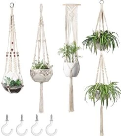 4 Stuks Plantenhangers - Boho Handgeweven Katoen Hangpot Voor Binnen/Buiten - Bloempot Met Kralen - Macramé Touw/Koord Hangplant Houder - Bohemian Wandhanger Decoratie - Verticale Tuin Plant Hanger Bloempothouder Planthanger Wit -Tuinartikelen Winkel 1068x1200 2