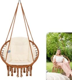 Vita5 Macramé Hangstoel - Voor Binnen En Buiten - Zonder Standaard - Incl. Kussen, Boekenvak En Beschermhoes - Tot 150kg - Bruin/Beige