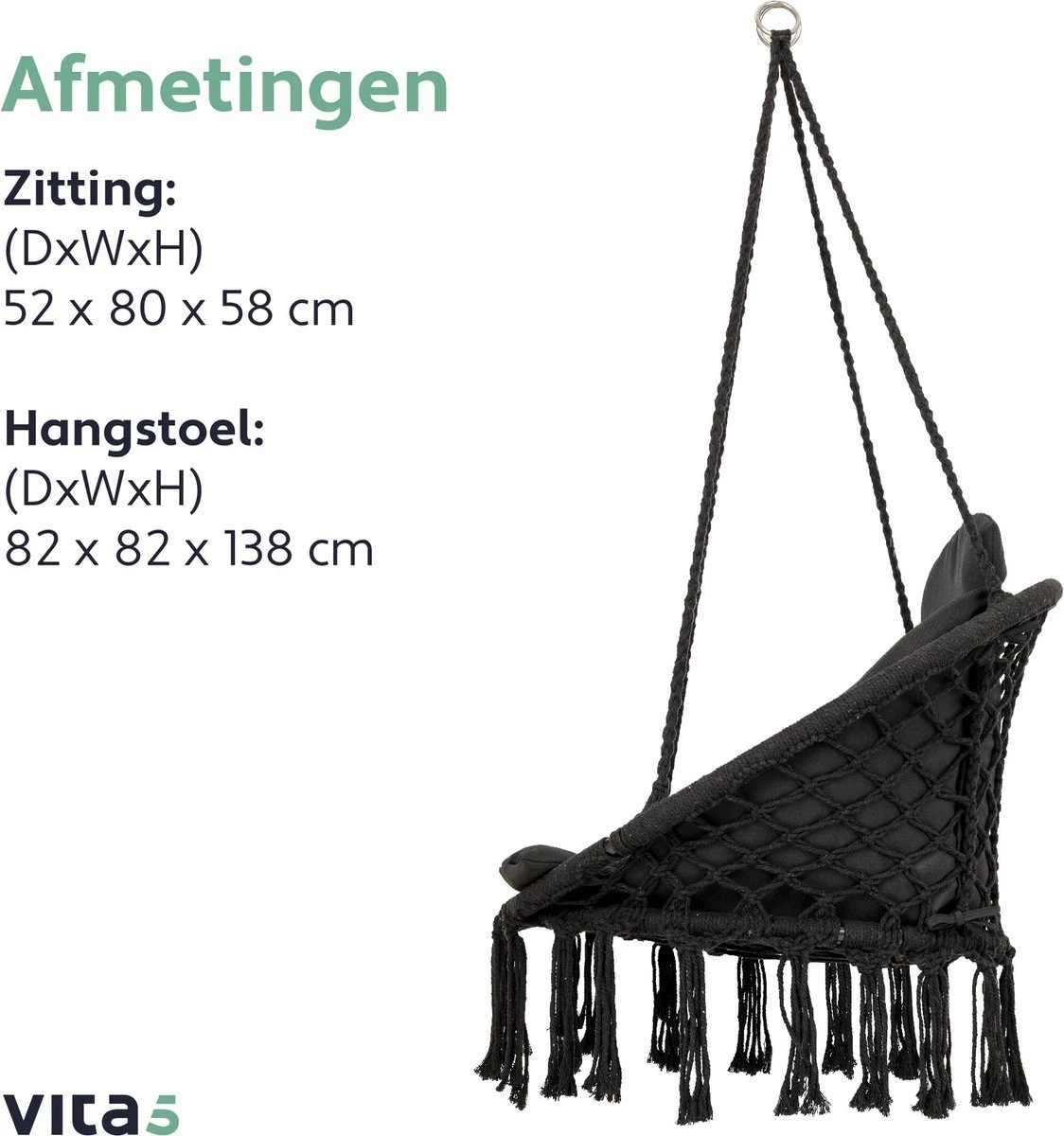 Vita5 Macramé Hangstoel - Voor Binnen En Buiten - Zonder Standaard - Incl. Kussen, Boekenvak En Beschermhoes - Tot 150kg - Zwart 8 Vita5 Macramé Hangstoel - Voor Binnen En Buiten - Zonder Standaard - Incl. Kussen, Boekenvak En Beschermhoes - Tot 150kg - Zwart - Image 8