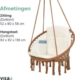 Vita5 Macramé Hangstoel - Voor Binnen En Buiten - Zonder Standaard - Incl. Kussen, Boekenvak En Beschermhoes - Tot 150kg - Bruin/Beige -Tuinartikelen Winkel 1125x1200