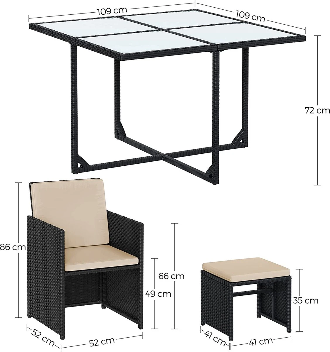 Tuinmeubelset - Tuinset 4 6 8 Persoons - Eettafel En Stoelen - Set Van 9 - Terras - Tuintafel - Salontafel Met Glazen Oppervlak - Zwart Beige 5 Tuinmeubelset - Tuinset 4 6 8 Persoons - Eettafel En Stoelen - Set Van 9 - Terras - Tuintafel - Salontafel Met Glazen Oppervlak - Zwart Beige - Image 5