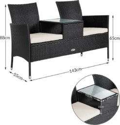 Casaria Polyrattan Tuinbank - Incl. Kussen - 143x55x88 Cm Zwart -Tuinartikelen Winkel 1150x1200