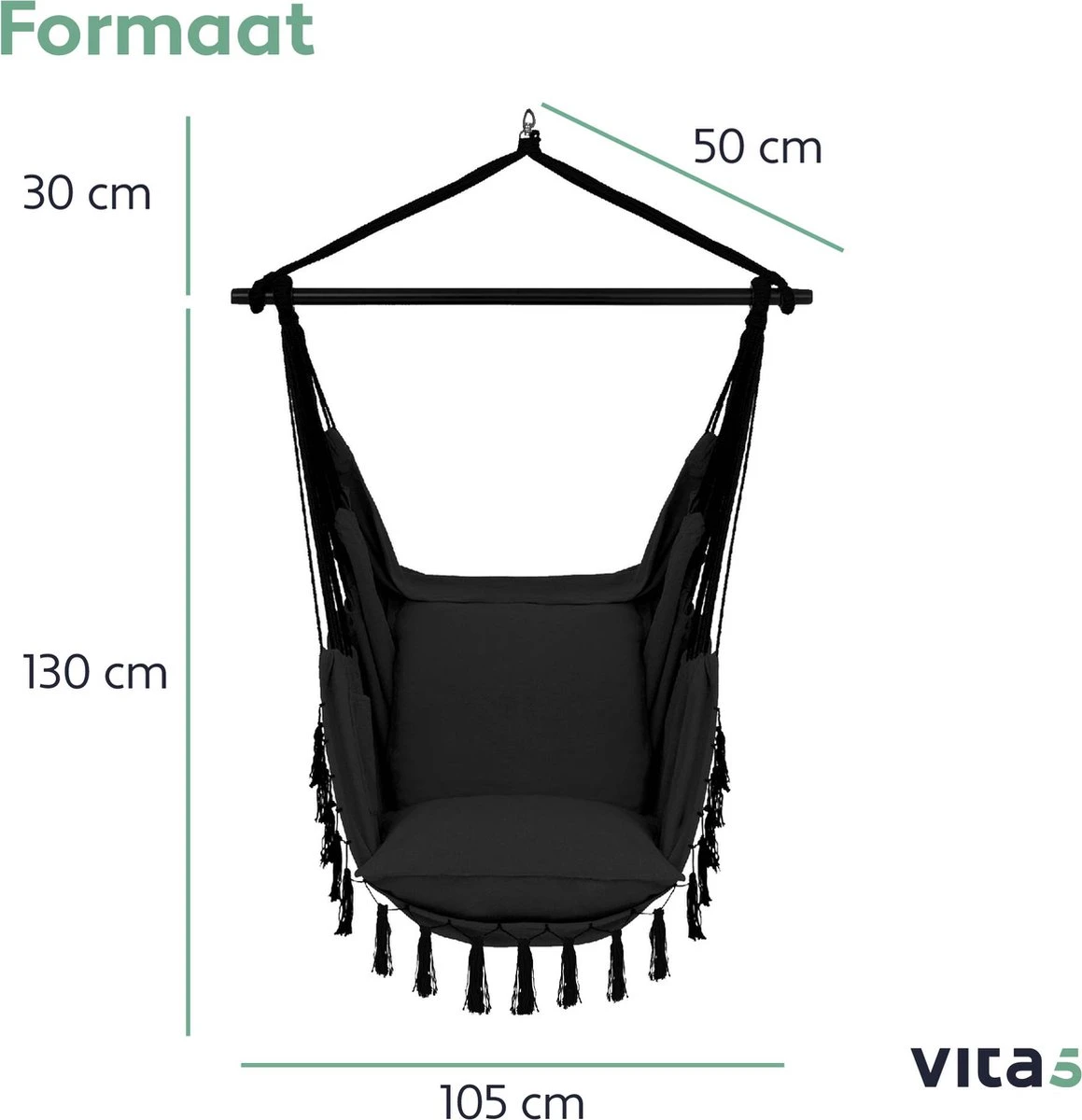 Vita5 XXL Hangstoel - Binnen&Buiten Hangnest - Incl. 2 Kussens En Boekenvak - Volwassenen&Kinderen - Hangmatstoel Tot 225kg - Zwart 6 Vita5 XXL Hangstoel - Binnen&Buiten Hangnest - Incl. 2 Kussens En Boekenvak - Volwassenen&Kinderen - Hangmatstoel Tot 225kg - Zwart - Image 6