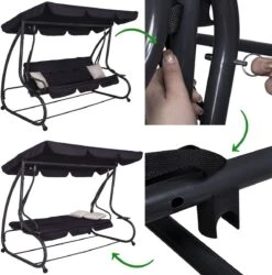 Springos Schommelbank | Linda-Schommel | 3-zits | Waterafstotend | Inclusief 2 Kussens | Verstelbare Luifel | 162 X 200 X 120 Cm | Zwart -Tuinartikelen Winkel 1186x1200