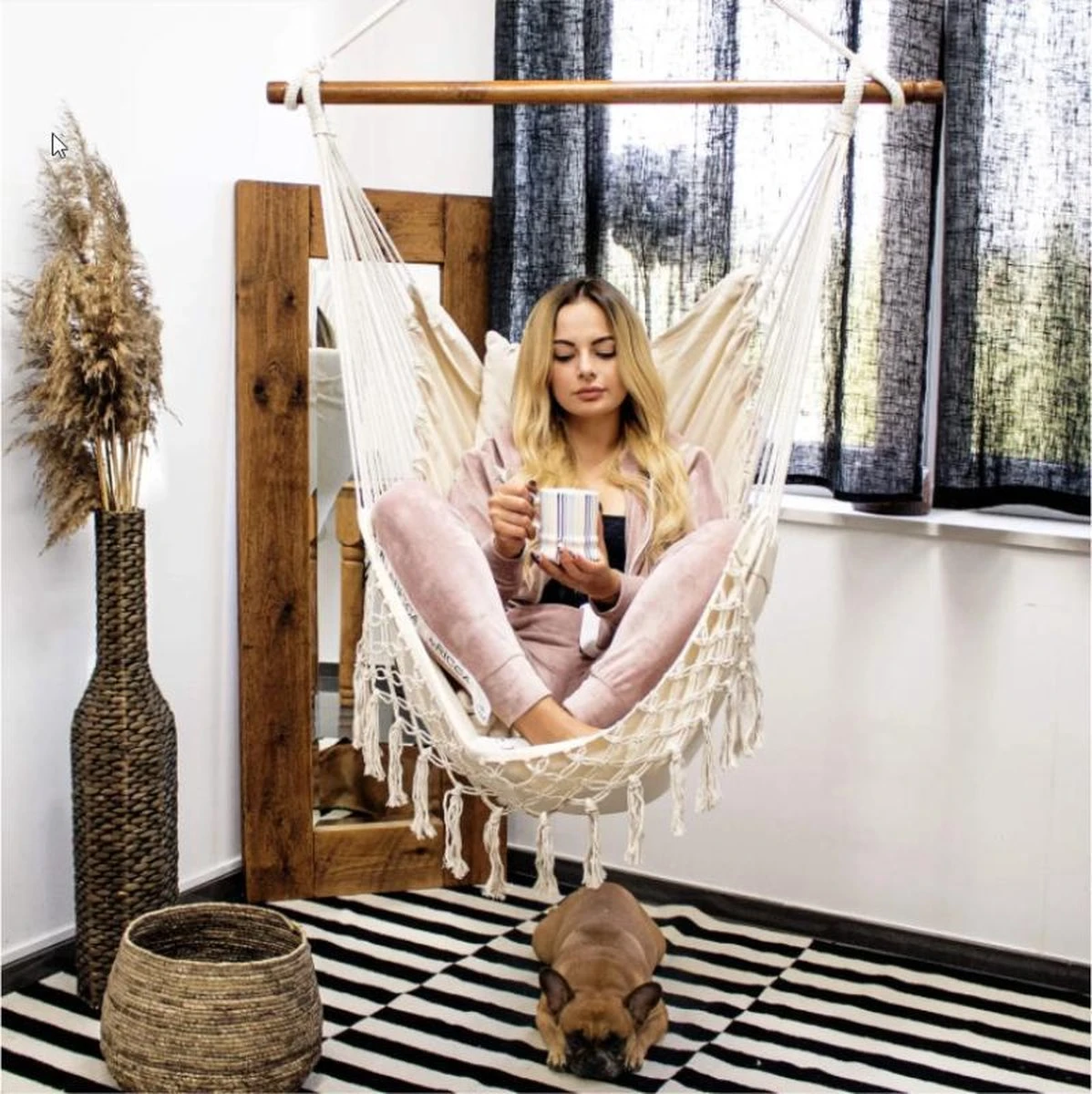 Springos Hangstoel | Binnen & Buiten | Met 2 Kussens | Boekenvak | Ook Voor Kinderen | Belastbaar Tot 150 Kg | Wit 4 Springos Hangstoel | Binnen & Buiten | Met 2 Kussens | Boekenvak | Ook Voor Kinderen | Belastbaar Tot 150 Kg | Wit - Image 4