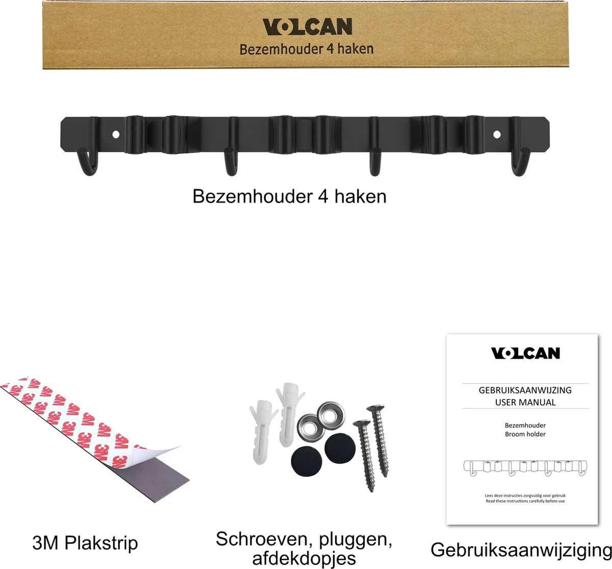 Volcan Bezemhouder - Bezem Ophangsysteem Tuingereedschap - Gereedschapshouder - Zelfklevend - 3M Tape - 3 Houders 4 Haken - RVS Zwart 7 Volcan Bezemhouder - Bezem Ophangsysteem Tuingereedschap - Gereedschapshouder - Zelfklevend - 3M Tape - 3 Houders 4 Haken - RVS Zwart - Image 7