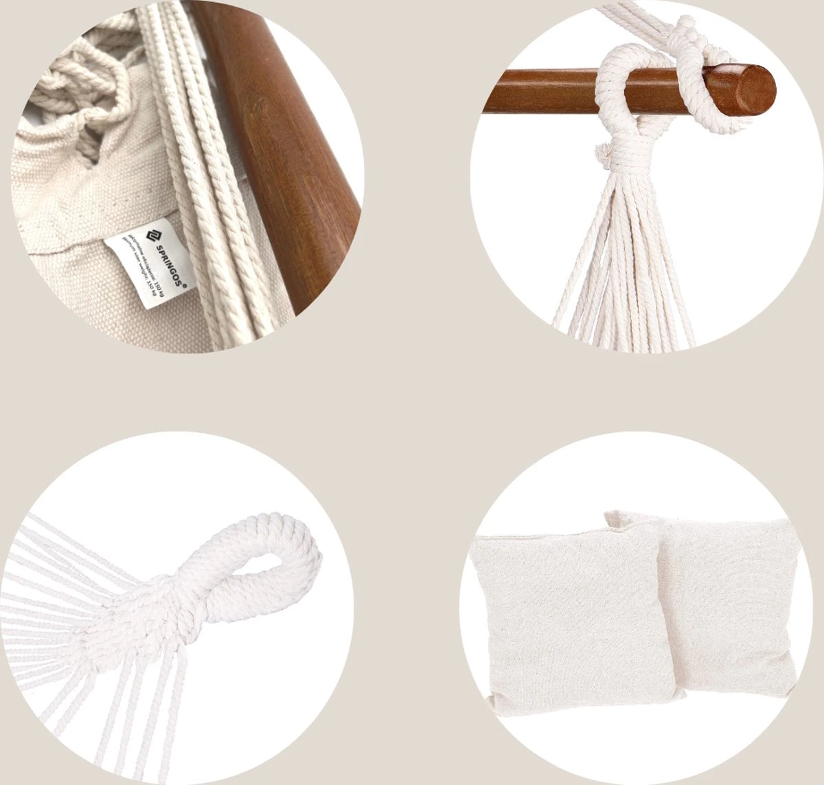 Springos Hangstoel | Binnen & Buiten | Met 2 Kussens | Boekenvak | Ook Voor Kinderen | Belastbaar Tot 150 Kg | Wit 5 Springos Hangstoel | Binnen & Buiten | Met 2 Kussens | Boekenvak | Ook Voor Kinderen | Belastbaar Tot 150 Kg | Wit - Image 5