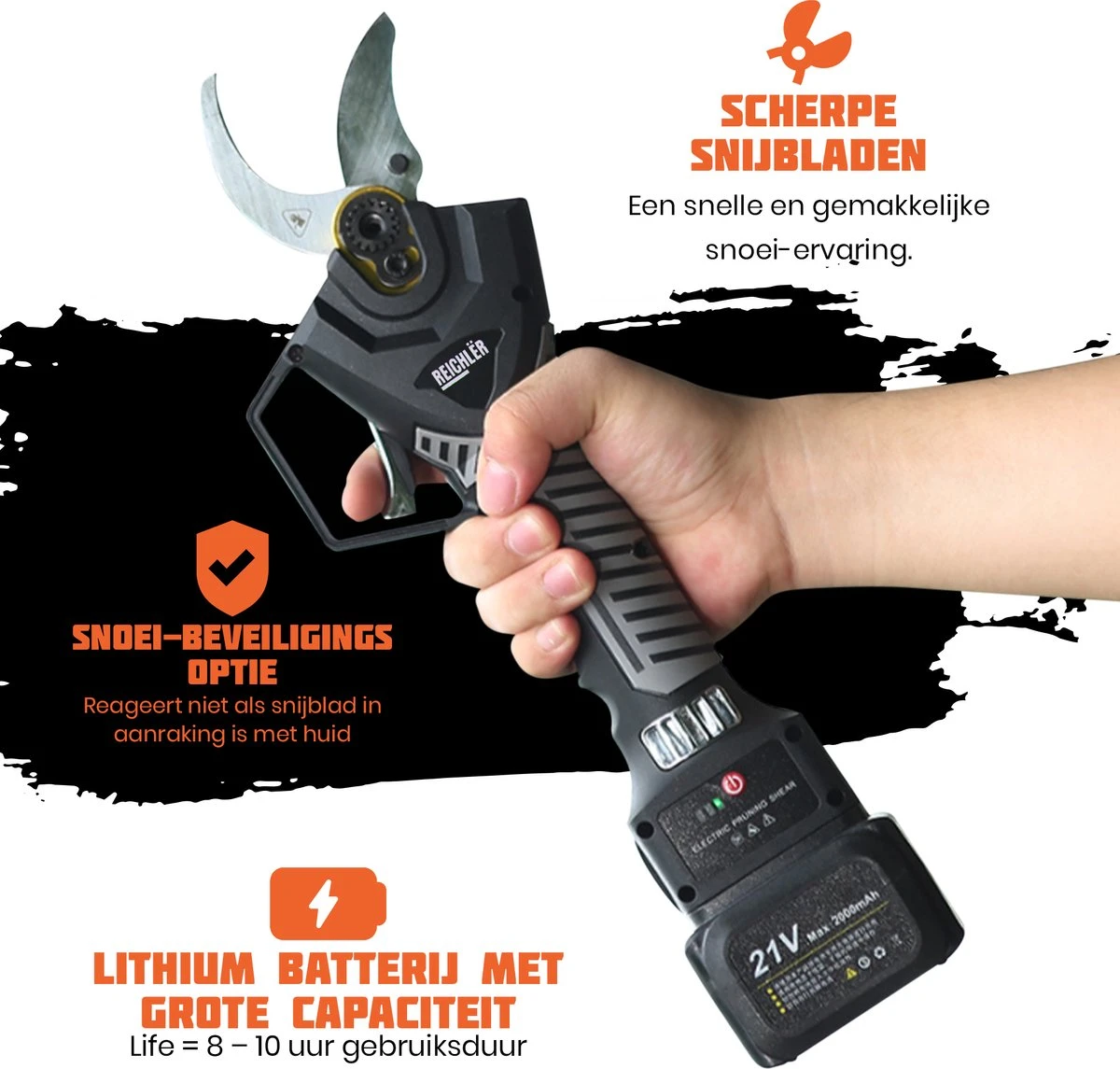 Reichlër® Elektrische Snoeischaar - 40 Mm Snijdiameter - 2x Accu - Anti-cut Functie - Heggenschaar - Takkenschaar - Zwart 4 Reichlër® Elektrische Snoeischaar - 40 Mm Snijdiameter - 2x Accu - Anti-cut Functie - Heggenschaar - Takkenschaar - Zwart - Image 4