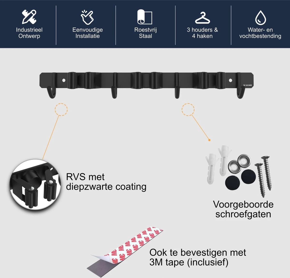 Volcan Bezemhouder - Bezem Ophangsysteem Tuingereedschap - Gereedschapshouder - Zelfklevend - 3M Tape - 3 Houders 4 Haken - RVS Zwart 6 Volcan Bezemhouder - Bezem Ophangsysteem Tuingereedschap - Gereedschapshouder - Zelfklevend - 3M Tape - 3 Houders 4 Haken - RVS Zwart - Image 6