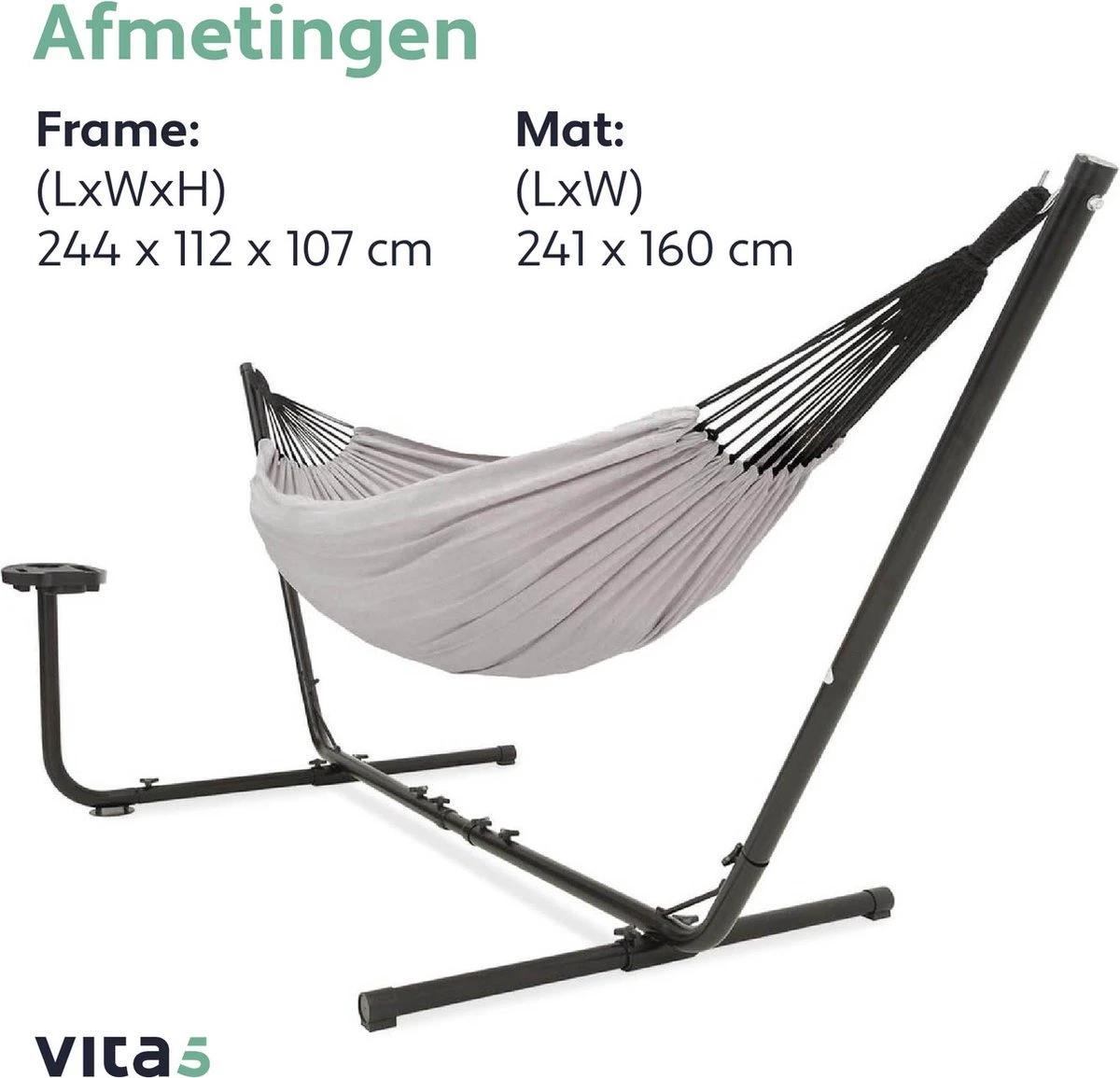 Vita5 Hangmat Met Standaard – 2 Persoons – Incl. Bekerhouder – 205kg Draaggewicht – Grijs 8 Vita5 Hangmat Met Standaard – 2 Persoons – Incl. Bekerhouder – 205kg Draaggewicht – Grijs - Image 8