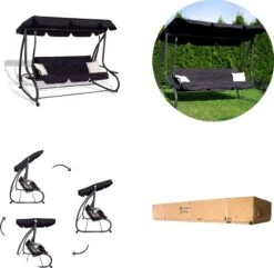 Springos Schommelbank | Linda-Schommel | 3-zits | Waterafstotend | Inclusief 2 Kussens | Verstelbare Luifel | 162 X 200 X 120 Cm | Zwart -Tuinartikelen Winkel 1200x1171