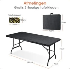 Lenx Klaptafel - Inklapbare Tafel - Opvouwbare Tuintafel - Vouwtafel - Inclusief Handvat En 2 Tafelkleden - 180x75x74cm - 6 Tot 8 Personen -Tuinartikelen Winkel 1200x1179 1