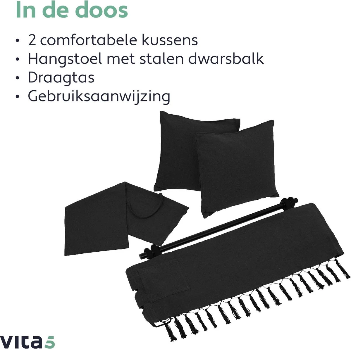 Vita5 XXL Hangstoel - Binnen&Buiten Hangnest - Incl. 2 Kussens En Boekenvak - Volwassenen&Kinderen - Hangmatstoel Tot 225kg - Zwart 11 Vita5 XXL Hangstoel - Binnen&Buiten Hangnest - Incl. 2 Kussens En Boekenvak - Volwassenen&Kinderen - Hangmatstoel Tot 225kg - Zwart - Image 11