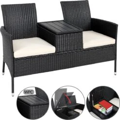 Casaria Tuinbank Polyrattan – 2 Zitter Incl. Tafel & Kussens – Zwart -Tuinartikelen Winkel 1200x1197 8