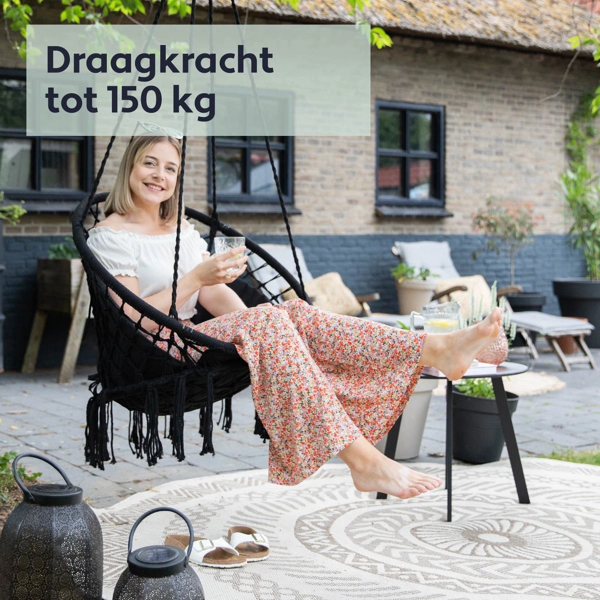 Vita5 Macramé Hangstoel - Voor Binnen En Buiten - Zonder Standaard - Incl. Kussen, Boekenvak En Beschermhoes - Tot 150kg - Zwart 5 Vita5 Macramé Hangstoel - Voor Binnen En Buiten - Zonder Standaard - Incl. Kussen, Boekenvak En Beschermhoes - Tot 150kg - Zwart - Image 5