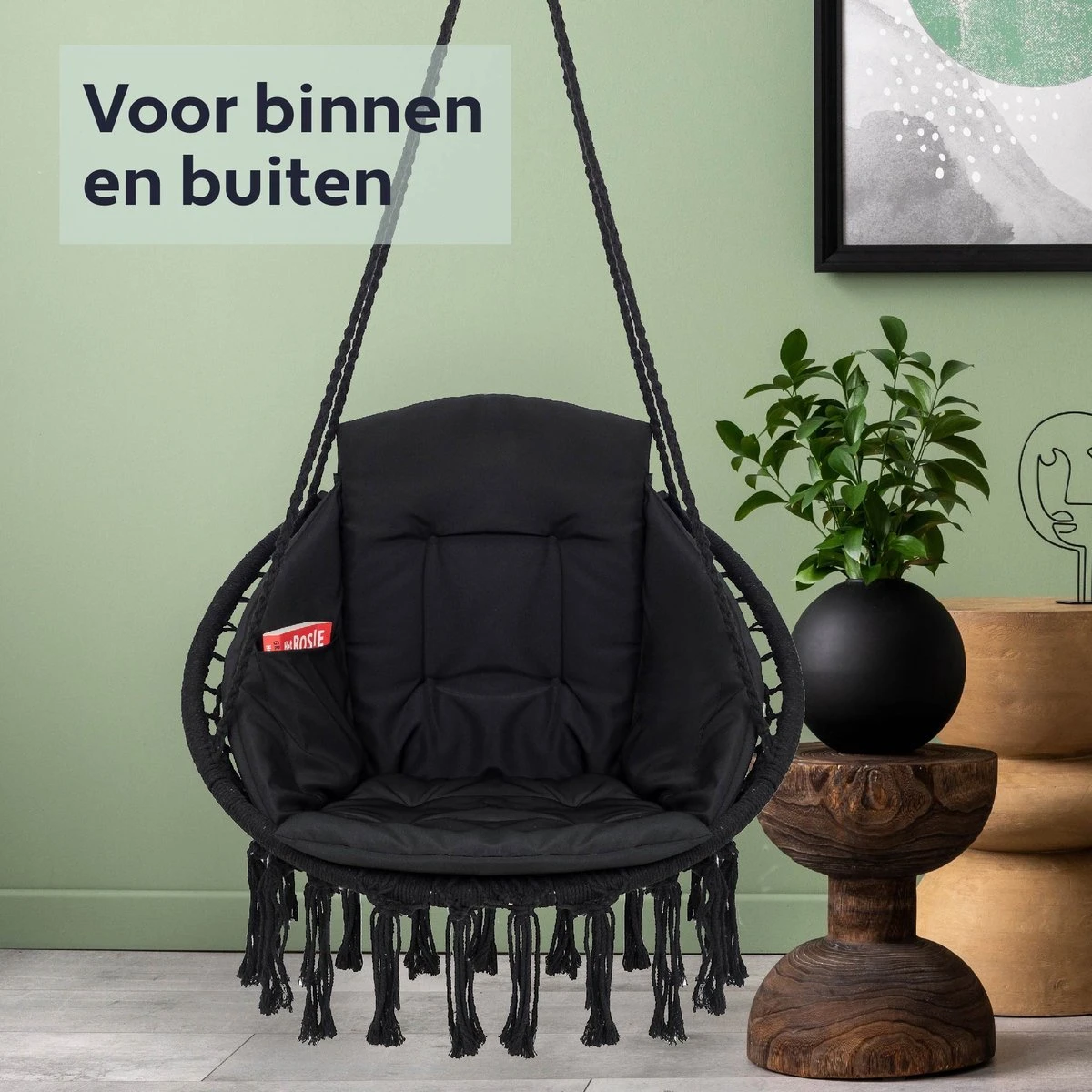 Vita5 Macramé Hangstoel - Voor Binnen En Buiten - Zonder Standaard - Incl. Kussen, Boekenvak En Beschermhoes - Tot 150kg - Zwart 6 Vita5 Macramé Hangstoel - Voor Binnen En Buiten - Zonder Standaard - Incl. Kussen, Boekenvak En Beschermhoes - Tot 150kg - Zwart - Image 6