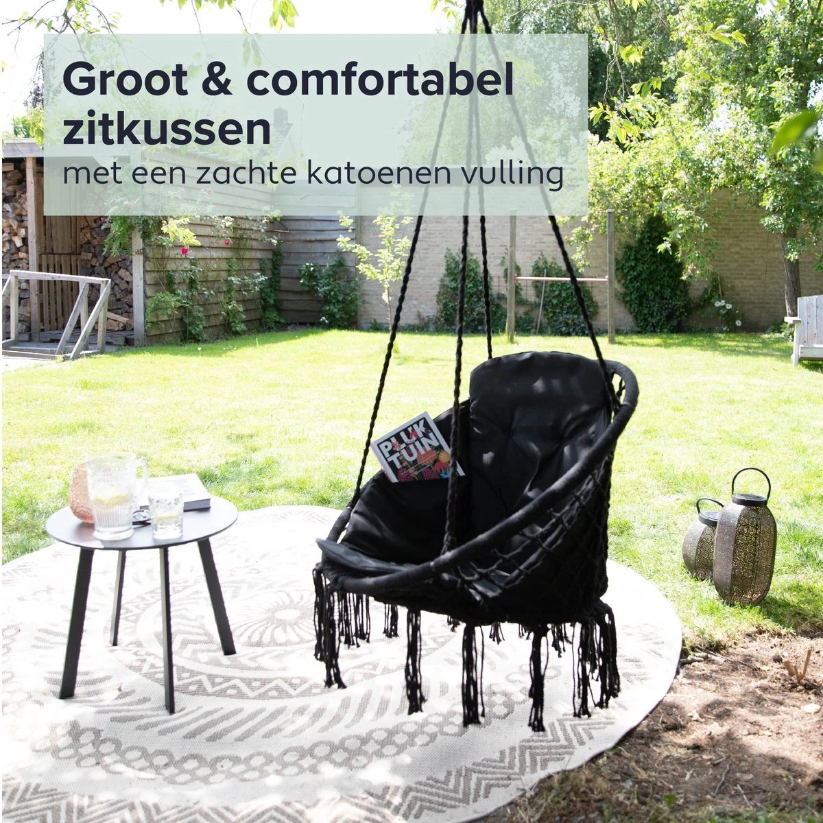 Vita5 Macramé Hangstoel - Voor Binnen En Buiten - Zonder Standaard - Incl. Kussen, Boekenvak En Beschermhoes - Tot 150kg - Zwart 7 Vita5 Macramé Hangstoel - Voor Binnen En Buiten - Zonder Standaard - Incl. Kussen, Boekenvak En Beschermhoes - Tot 150kg - Zwart - Image 7