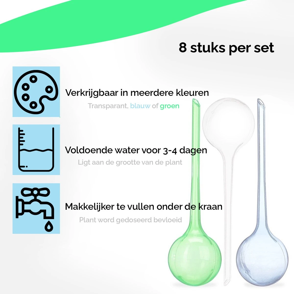 HGMD Waterdruppelaar Set Van 8 Stuks Voor Planten Transparant - Groen - Waterdruppelaar Voor Kamerplanten – Waterbol - Waterdruppelaar Voor Planten - Watergeefsysteem 2 HGMD Waterdruppelaar Set Van 8 Stuks Voor Planten Transparant - Groen - Waterdruppelaar Voor Kamerplanten – Waterbol - Waterdruppelaar Voor Planten - Watergeefsysteem - Image 2