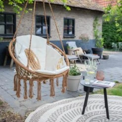 Vita5 Macramé Hangstoel - Voor Binnen En Buiten - Zonder Standaard - Incl. Kussen, Boekenvak En Beschermhoes - Tot 150kg - Bruin/Beige -Tuinartikelen Winkel 1200x1200 292