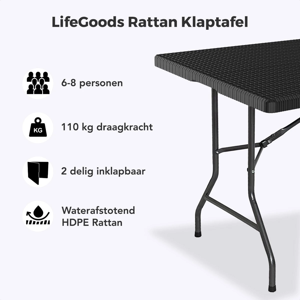 LifeGoods Klaptafel - Inklapbaar - 180 Cm - 6 Tot 8 Personen - Zwart 2 LifeGoods Klaptafel - Inklapbaar - 180 Cm - 6 Tot 8 Personen - Zwart - Image 2