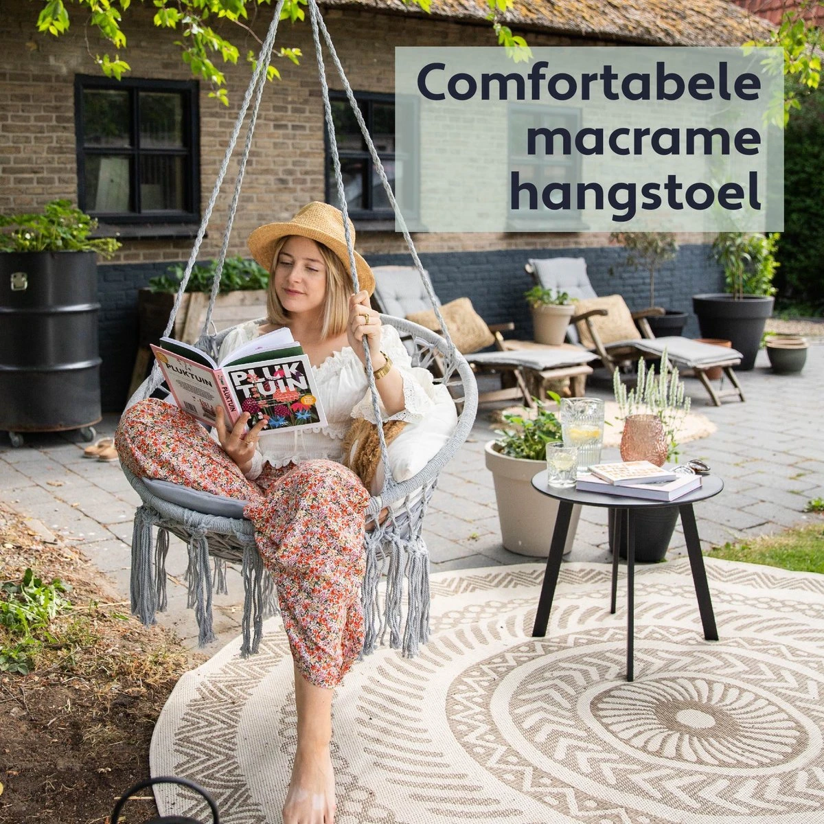 Vita5 Macramé Hangstoel - Voor Binnen En Buiten - Zonder Standaard - Incl. Kussen, Boekenvak En Beschermhoes - Tot 150kg - Grijs 2 Vita5 Macramé Hangstoel - Voor Binnen En Buiten - Zonder Standaard - Incl. Kussen, Boekenvak En Beschermhoes - Tot 150kg - Grijs - Image 2