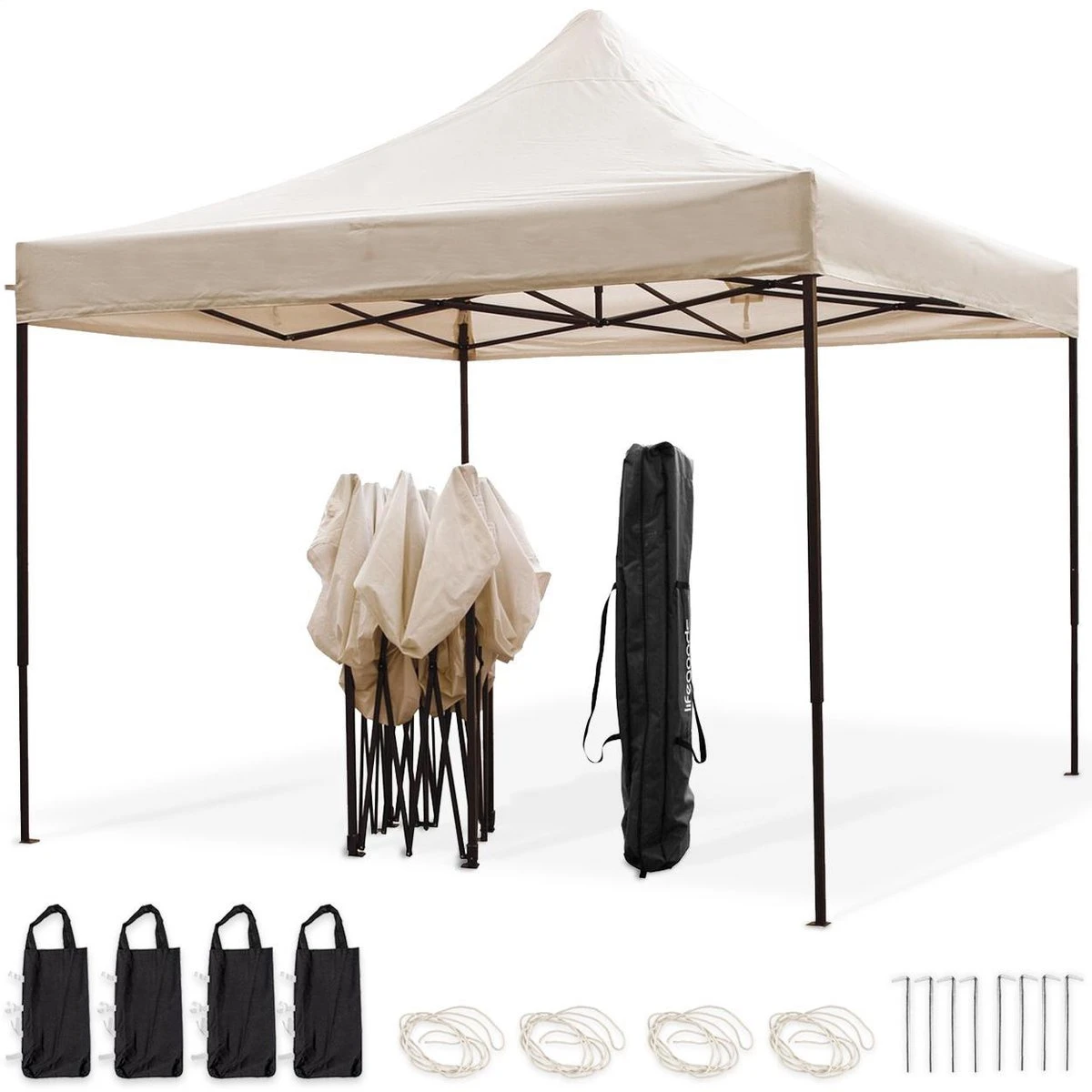 LifeGoods Partytent - 3x3 M - Easy Up - Opvouwbaar - Waterdicht - Draagtas Met Wieltjes - Beige 1 LifeGoods Partytent - 3x3 M - Easy Up - Opvouwbaar - Waterdicht - Draagtas Met Wieltjes - Beige