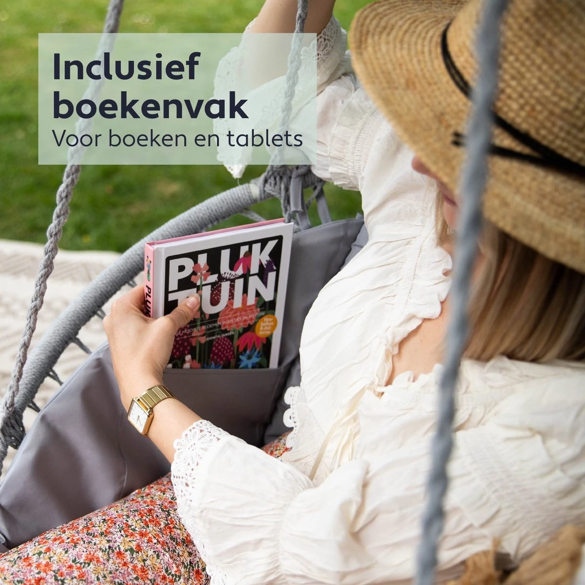 Vita5 Macramé Hangstoel - Voor Binnen En Buiten - Zonder Standaard - Incl. Kussen, Boekenvak En Beschermhoes - Tot 150kg - Grijs 3 Vita5 Macramé Hangstoel - Voor Binnen En Buiten - Zonder Standaard - Incl. Kussen, Boekenvak En Beschermhoes - Tot 150kg - Grijs - Image 3