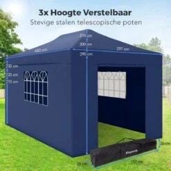 LifeGoods Partytent - 3x4.5 M - Zijwanden - Easy Up - Opvouwbaar - Waterdicht - Draagtas Met Wieltjes - Donkerblauw -Tuinartikelen Winkel 1200x1200 571