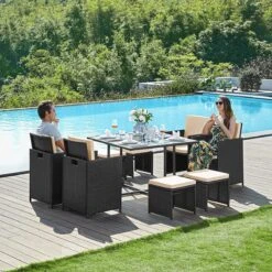 Tuinmeubelset - Tuinset 4 6 8 Persoons - Eettafel En Stoelen - Set Van 9 - Terras - Tuintafel - Salontafel Met Glazen Oppervlak - Zwart Beige 15 Tuinmeubelset - Tuinset 4 6 8 Persoons - Eettafel En Stoelen - Set Van 9 - Terras - Tuintafel - Salontafel Met Glazen Oppervlak - Zwart Beige -Tuinartikelen Winkel 1200x1200 581