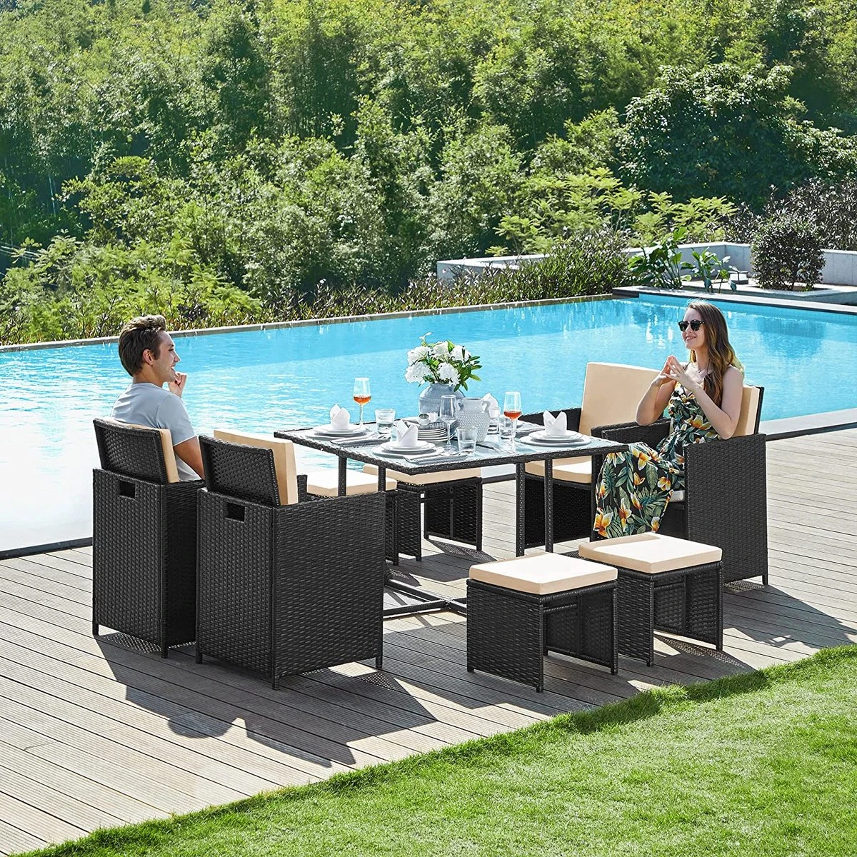 Tuinmeubelset - Tuinset 4 6 8 Persoons - Eettafel En Stoelen - Set Van 9 - Terras - Tuintafel - Salontafel Met Glazen Oppervlak - Zwart Beige 7 Tuinmeubelset - Tuinset 4 6 8 Persoons - Eettafel En Stoelen - Set Van 9 - Terras - Tuintafel - Salontafel Met Glazen Oppervlak - Zwart Beige - Image 7