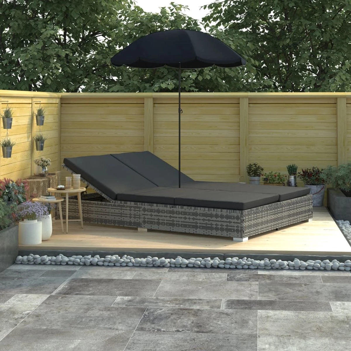 Prolenta Premium - Loungebed Met Parasol Poly Rattan Grijs 1 Prolenta Premium - Loungebed Met Parasol Poly Rattan Grijs
