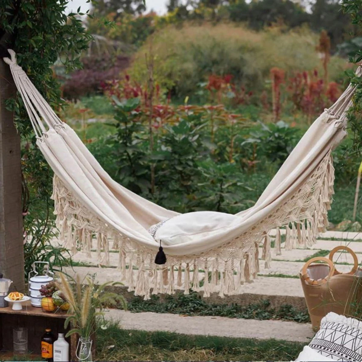 QUVIO Hangmat Voor In De Tuin - Tuinstoelen - Reishangmat Voor Camping, Outdoor En Reizen - Hamock - Katoen Ademend - Maximale Belasting Van 250KG - Lig Oppervlak Van 180 Cm - Geschikt Voor 1 Persoon - Beige 6 QUVIO Hangmat Voor In De Tuin - Tuinstoelen - Reishangmat Voor Camping, Outdoor En Reizen - Hamock - Katoen Ademend - Maximale Belasting Van 250KG - Lig Oppervlak Van 180 Cm - Geschikt Voor 1 Persoon - Beige - Image 6