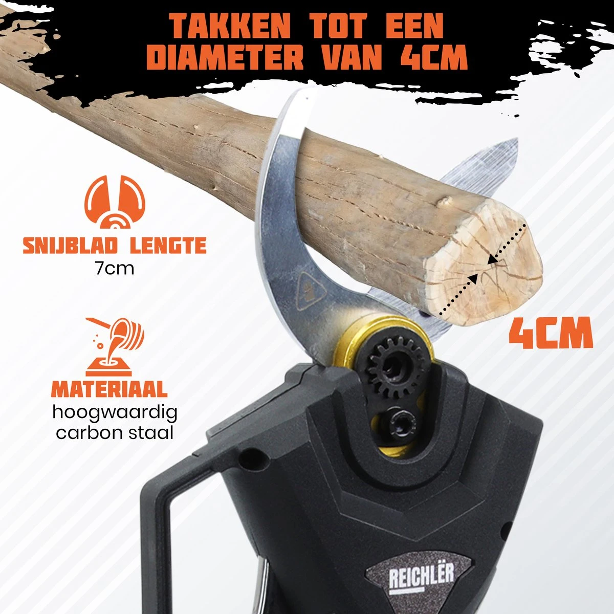 Reichlër® Elektrische Snoeischaar - 40 Mm Snijdiameter - 2x Accu - Anti-cut Functie - Heggenschaar - Takkenschaar - Zwart 2 Reichlër® Elektrische Snoeischaar - 40 Mm Snijdiameter - 2x Accu - Anti-cut Functie - Heggenschaar - Takkenschaar - Zwart - Image 2