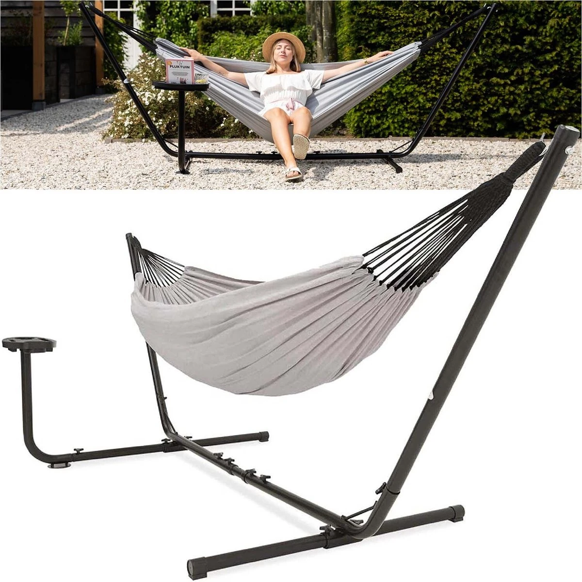 Vita5 Hangmat Met Standaard – 2 Persoons – Incl. Bekerhouder – 205kg Draaggewicht – Grijs 1 Vita5 Hangmat Met Standaard – 2 Persoons – Incl. Bekerhouder – 205kg Draaggewicht – Grijs