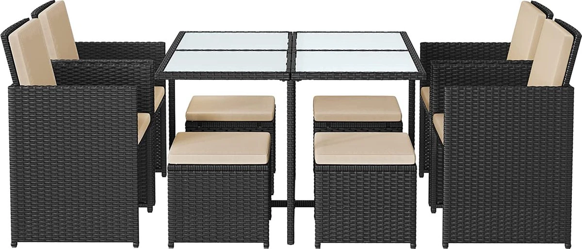 Tuinmeubelset - Tuinset 4 6 8 Persoons - Eettafel En Stoelen - Set Van 9 - Terras - Tuintafel - Salontafel Met Glazen Oppervlak - Zwart Beige 1 Tuinmeubelset - Tuinset 4 6 8 Persoons - Eettafel En Stoelen - Set Van 9 - Terras - Tuintafel - Salontafel Met Glazen Oppervlak - Zwart Beige