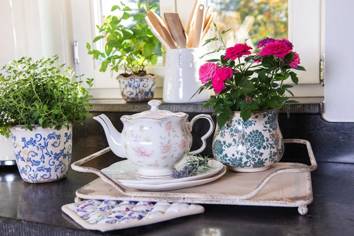 Clayre & Eef Bloempot Ø 21x17 Cm Beige Groen Keramiek Rond Bloemen Bloempot Binnen Plantenpot Plant Pot 2 Clayre & Eef Bloempot Ø 21x17 Cm Beige Groen Keramiek Rond Bloemen Bloempot Binnen Plantenpot Plant Pot - Image 2