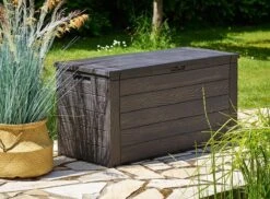 Merkloos Woody Tuin Opbergbox - 324 Liter 45x120x60 Cm - Tuinkussenbox - Antraciet/bruin -Tuinartikelen Winkel 1200x884