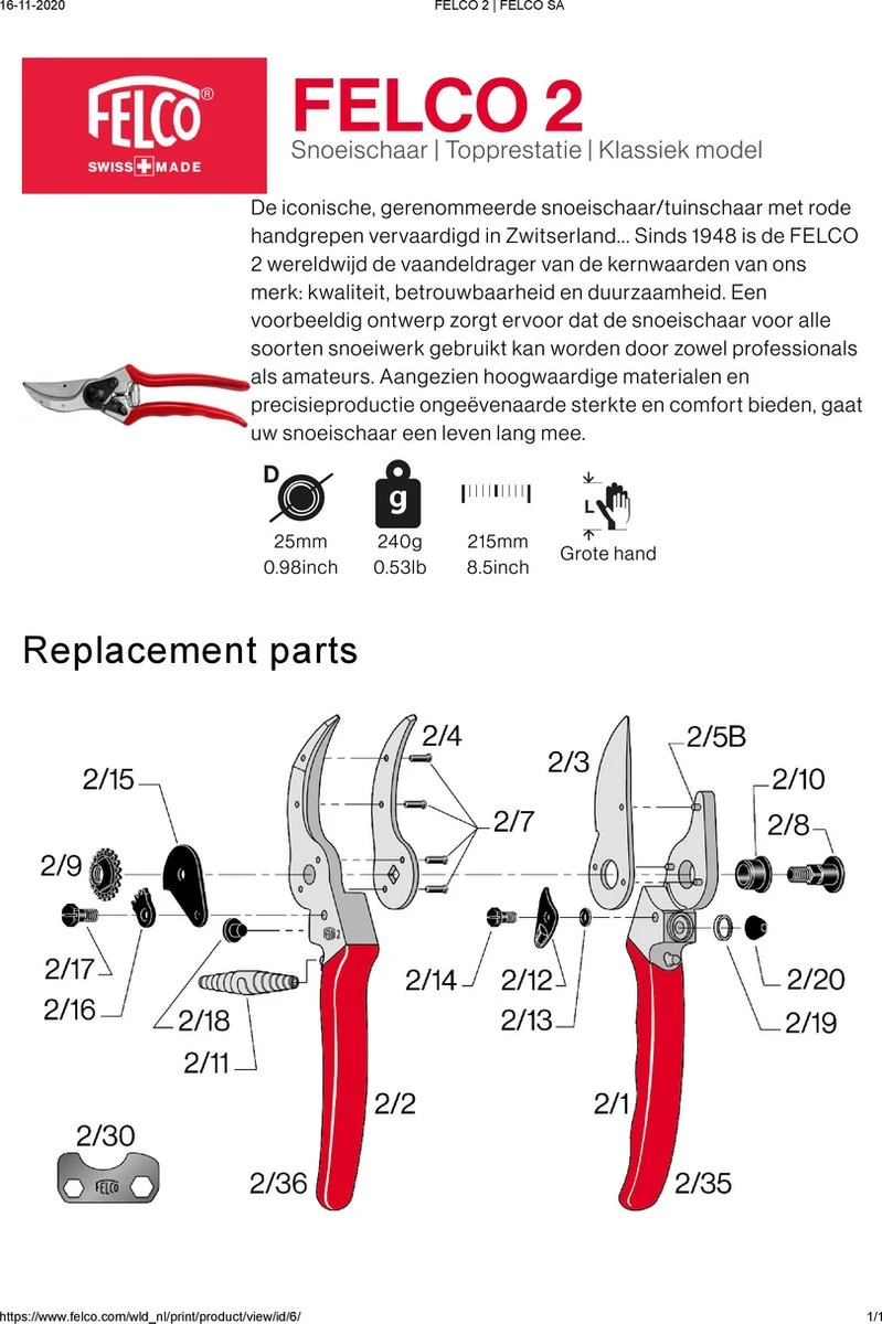 Felco 2 Snoeischaar - Rechtshandig - Max. Knipdiameter 25 Mm - Lengte 215 Mm 2 Felco 2 Snoeischaar - Rechtshandig - Max. Knipdiameter 25 Mm - Lengte 215 Mm - Image 2