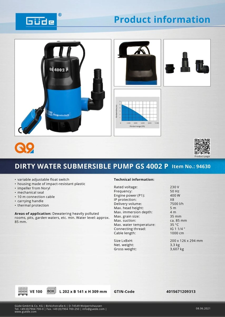 Güde Vuilwaterpomp 7500 L/h GS 4002 P - Dompelpomp - Waterpomp 2 Güde Vuilwaterpomp 7500 L/h GS 4002 P - Dompelpomp - Waterpomp - Image 2