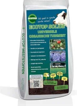 Ecotop Solide (Organisch / Tuinmest / Universeel). Meststof Op Basis Van Koemest Met Natuurlijke Toevoeging Van Wormenmest, Lavameel En Micro-organismen. Zak Ca. 40L.