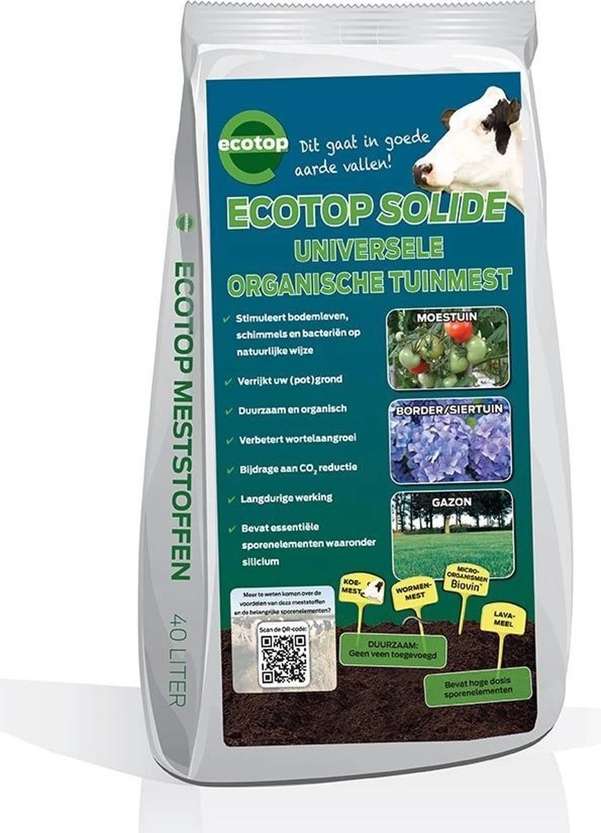 Ecotop Solide (Organisch / Tuinmest / Universeel). Meststof Op Basis Van Koemest Met Natuurlijke Toevoeging Van Wormenmest, Lavameel En Micro-organismen. Zak Ca. 40L. 1 Ecotop Solide (Organisch / Tuinmest / Universeel). Meststof Op Basis Van Koemest Met Natuurlijke Toevoeging Van Wormenmest, Lavameel En Micro-organismen. Zak Ca. 40L.
